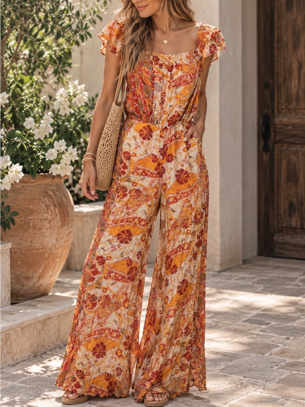 Free People Orange Bohemian Floral Print Smocked Wide Leg Jumpsuit Small